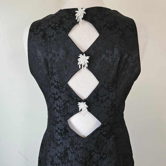 Vintage Dresses & Skirts - Vintage 90s Black Floral Brocade Evening Cocktail Dress Gown Back Cutouts‎ M
